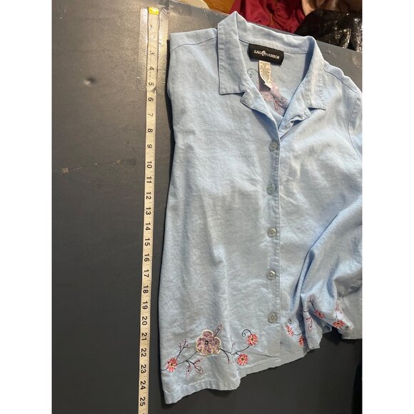 Embroidered Linen Blend Shirt Sz 18 Button-Down Light Blue Floral Beach Lagenlo - Picture 2 of 12